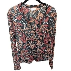 DR2 Butterfly Print Mesh Top Large Ruched Long Sleeve Sheer Whimsigoth